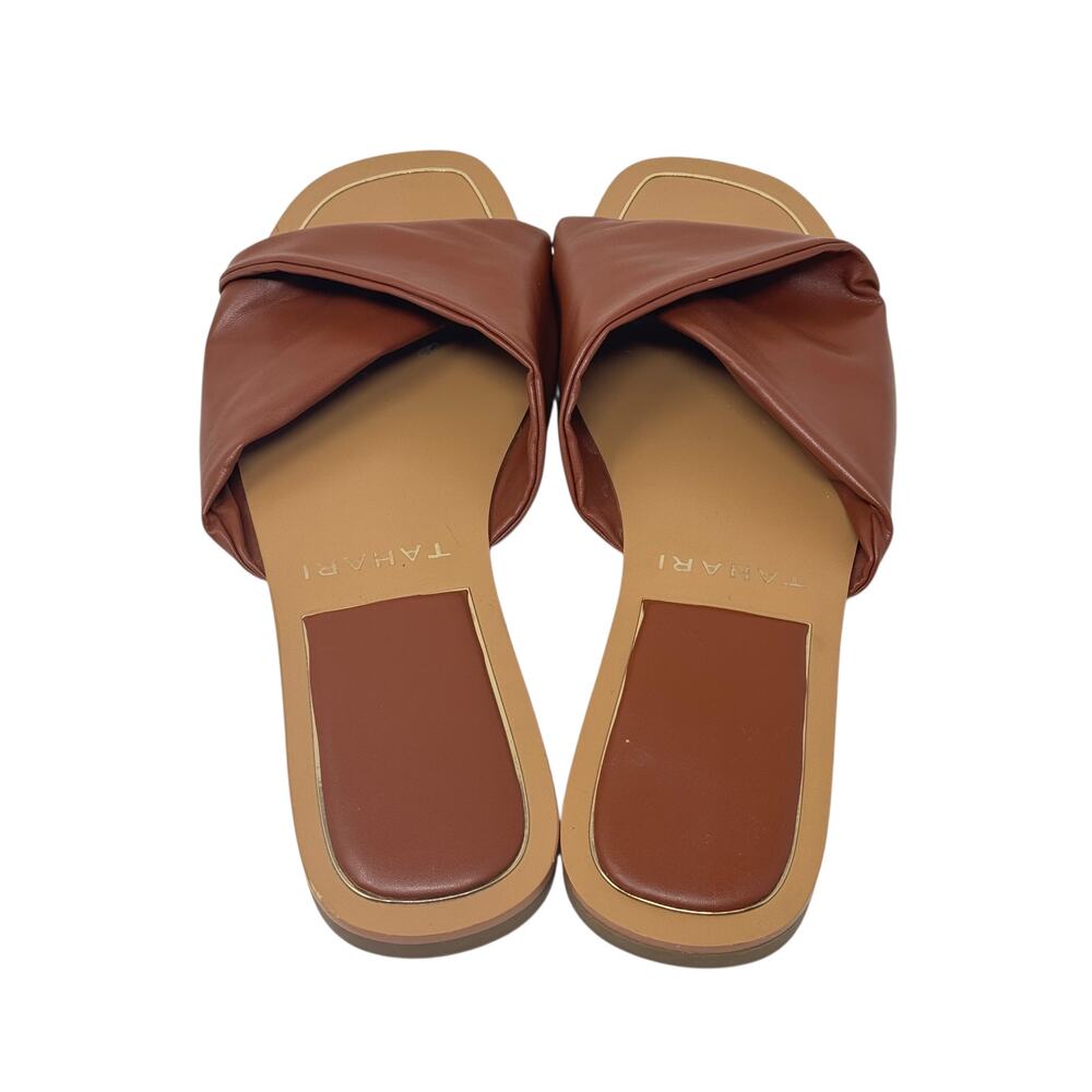 Tahari Sabana Cognac Brown Faux Leather Criss Cross Slide Sandals Padded Size 10 - Picture 5 of 8